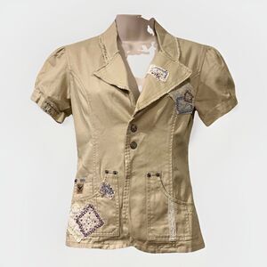 Stuff By Hilary Duff Y2K Patchwork Puff Short Shortsleeve Jacket Kids XL Tan